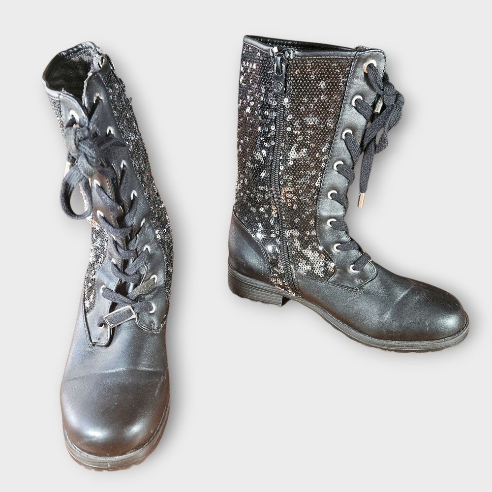 MICHAEL KORS Marcella Black Sequin Lace‎ Up Combat Boots Women's Size 4